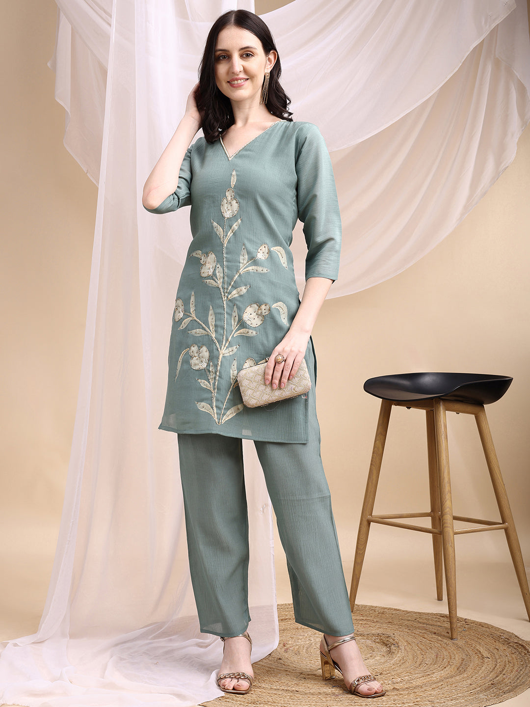 Hand Embroidered & Painted Kurta With Pant, Green - Hiral Fashion