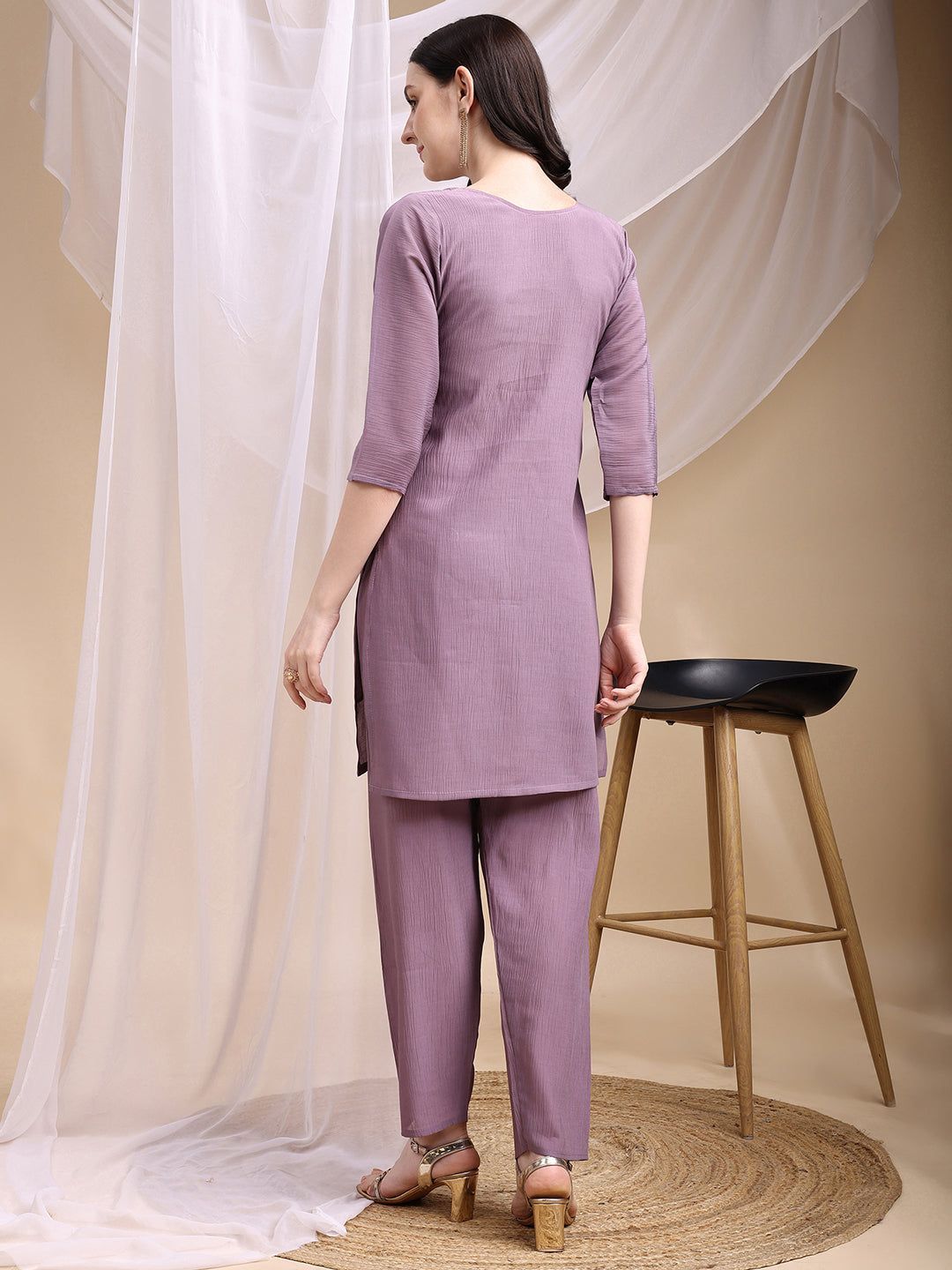 Hand Embroidered & Painted Kurta With Pant, Lavender - Hiral Fashion