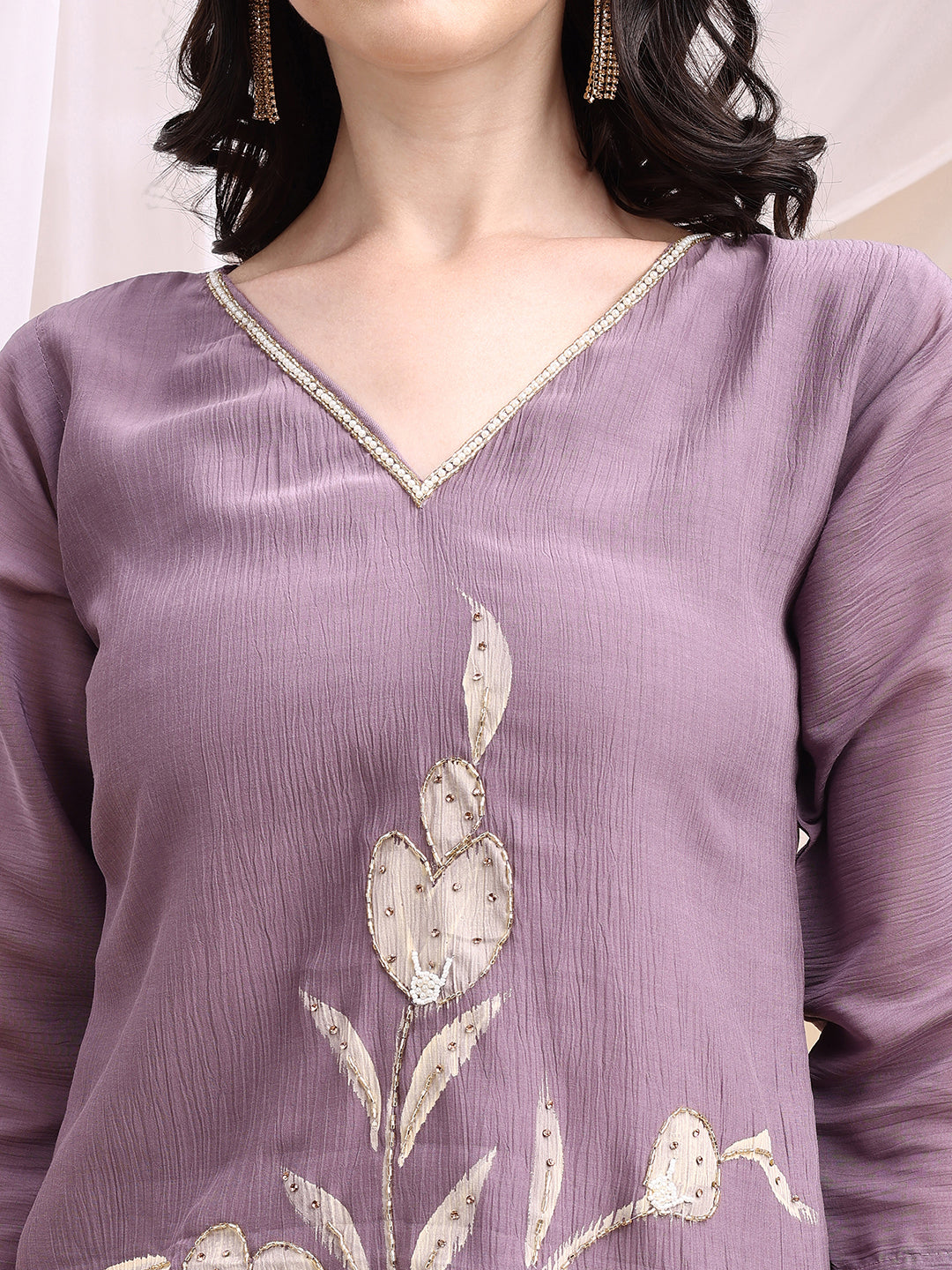 Hand Embroidered & Painted Kurta With Pant, Lavender - Hiral Fashion