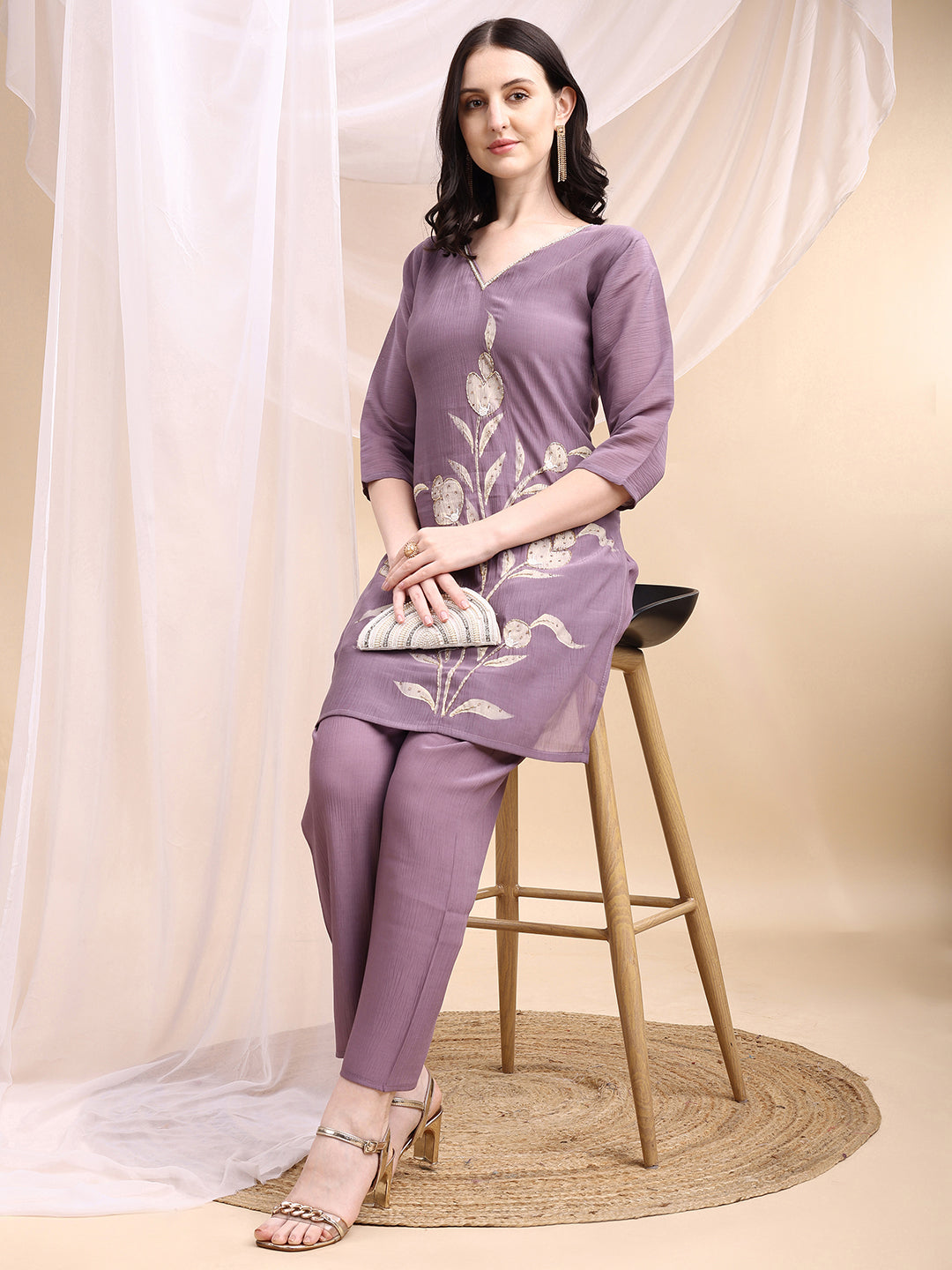 Hand Embroidered & Painted Kurta With Pant, Lavender - Hiral Fashion