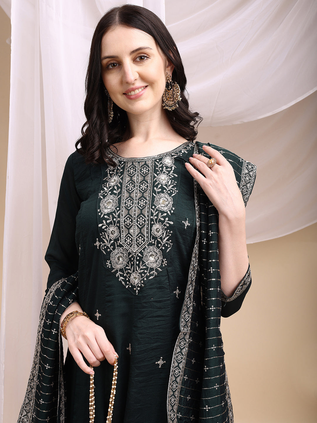 Embroidered Anarkali Kurta With Pant & Embroidered Dupatta, Bottle-Green - Hiral Fashion