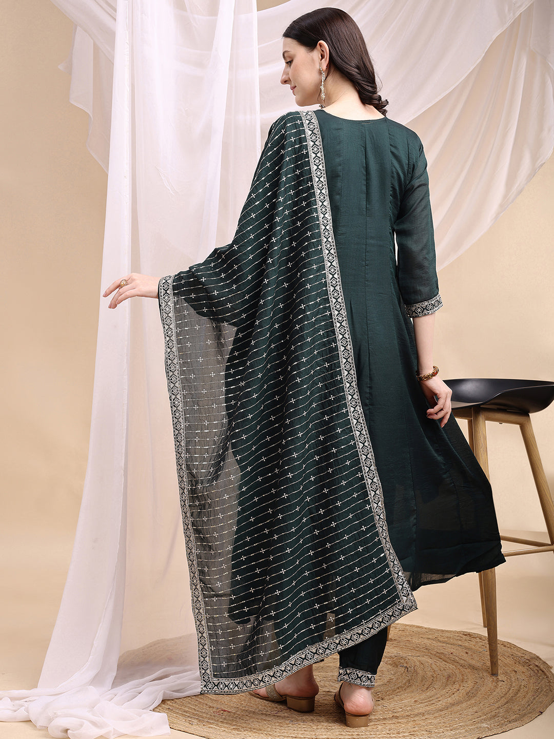 Embroidered Anarkali Kurta With Pant & Embroidered Dupatta, Bottle-Green - Hiral Fashion