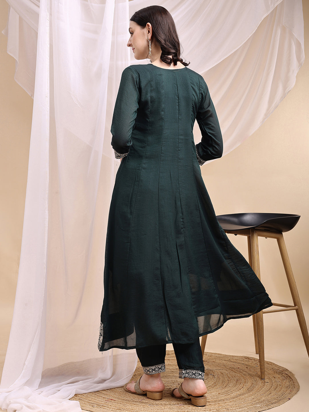 Embroidered Anarkali Kurta With Pant & Embroidered Dupatta, Bottle-Green - Hiral Fashion