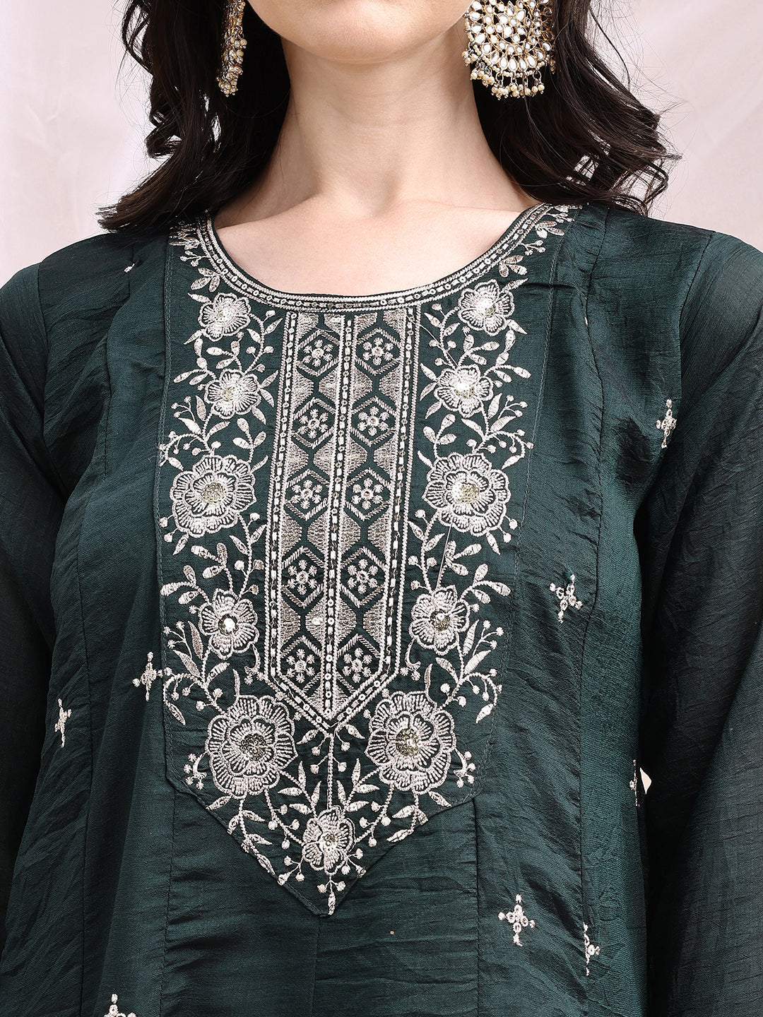 Embroidered Anarkali Kurta With Pant & Embroidered Dupatta, Bottle-Green - Hiral Fashion