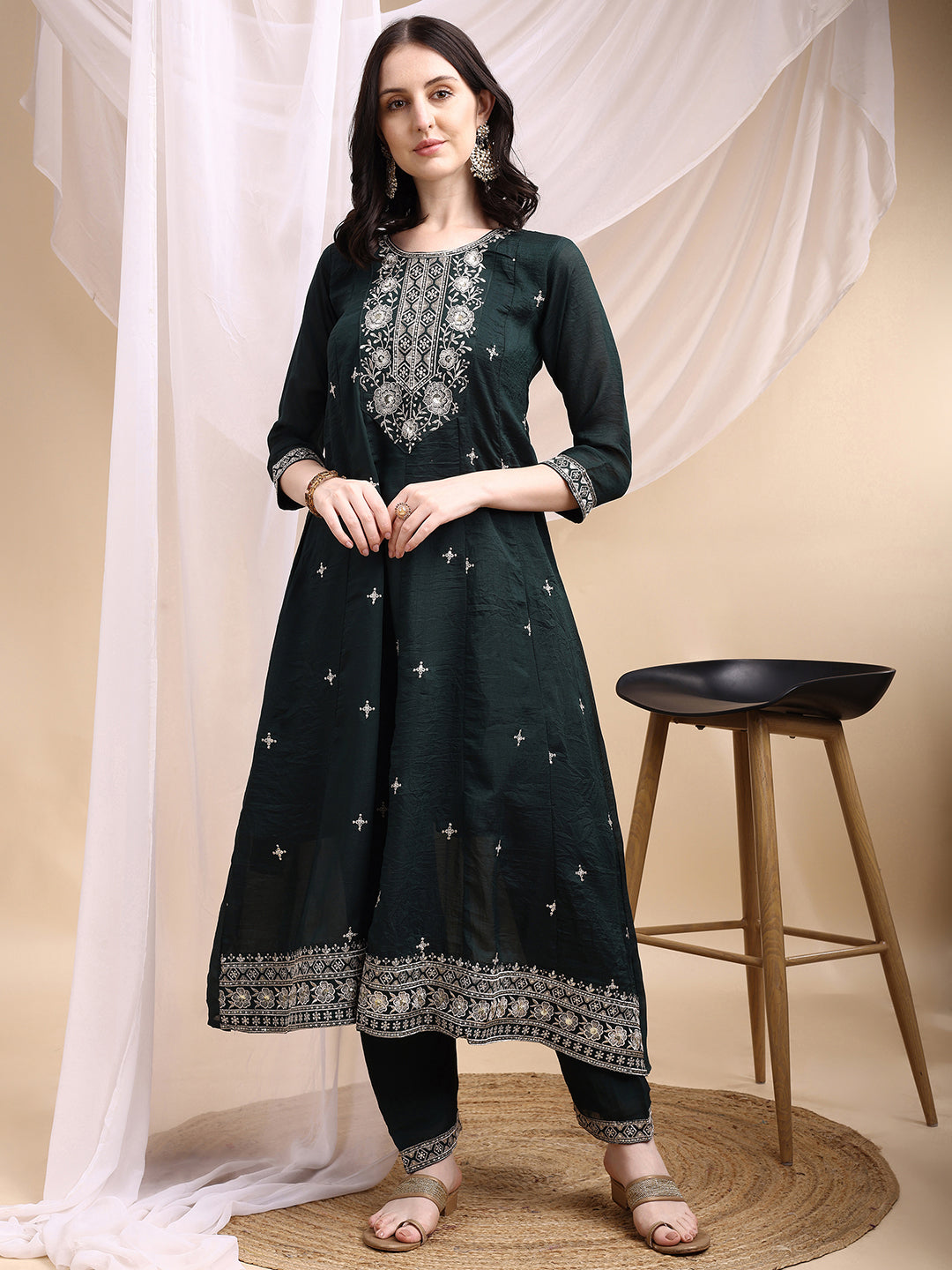 Embroidered Anarkali Kurta With Pant & Embroidered Dupatta, Bottle-Green - Hiral Fashion