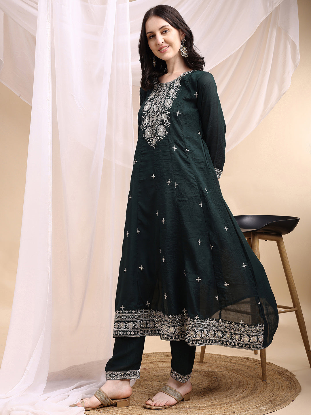 Embroidered Anarkali Kurta With Pant & Embroidered Dupatta, Bottle-Green - Hiral Fashion