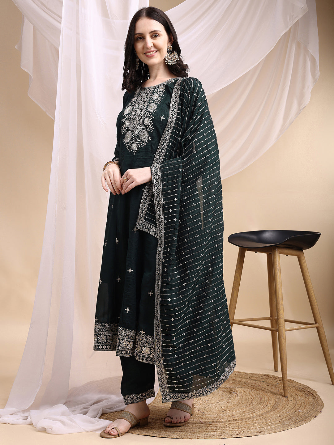 Embroidered Anarkali Kurta With Pant & Embroidered Dupatta, Bottle-Green - Hiral Fashion