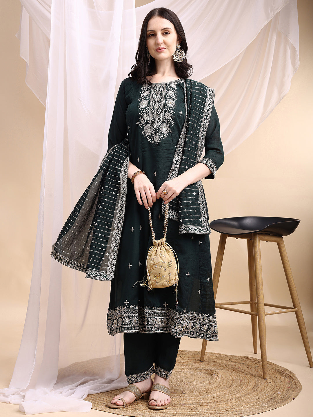 Embroidered Anarkali Kurta With Pant & Embroidered Dupatta, Bottle-Green - Hiral Fashion