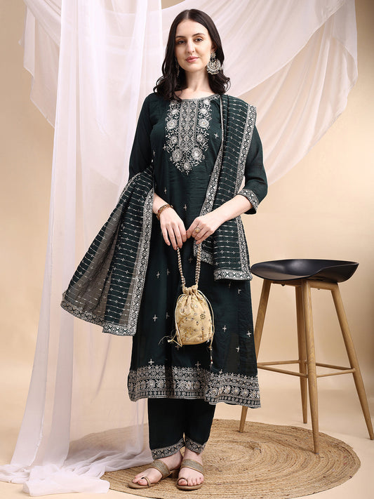 Embroidered Anarkali Kurta With Pant & Embroidered Dupatta, Bottle-Green - Hiral Fashion