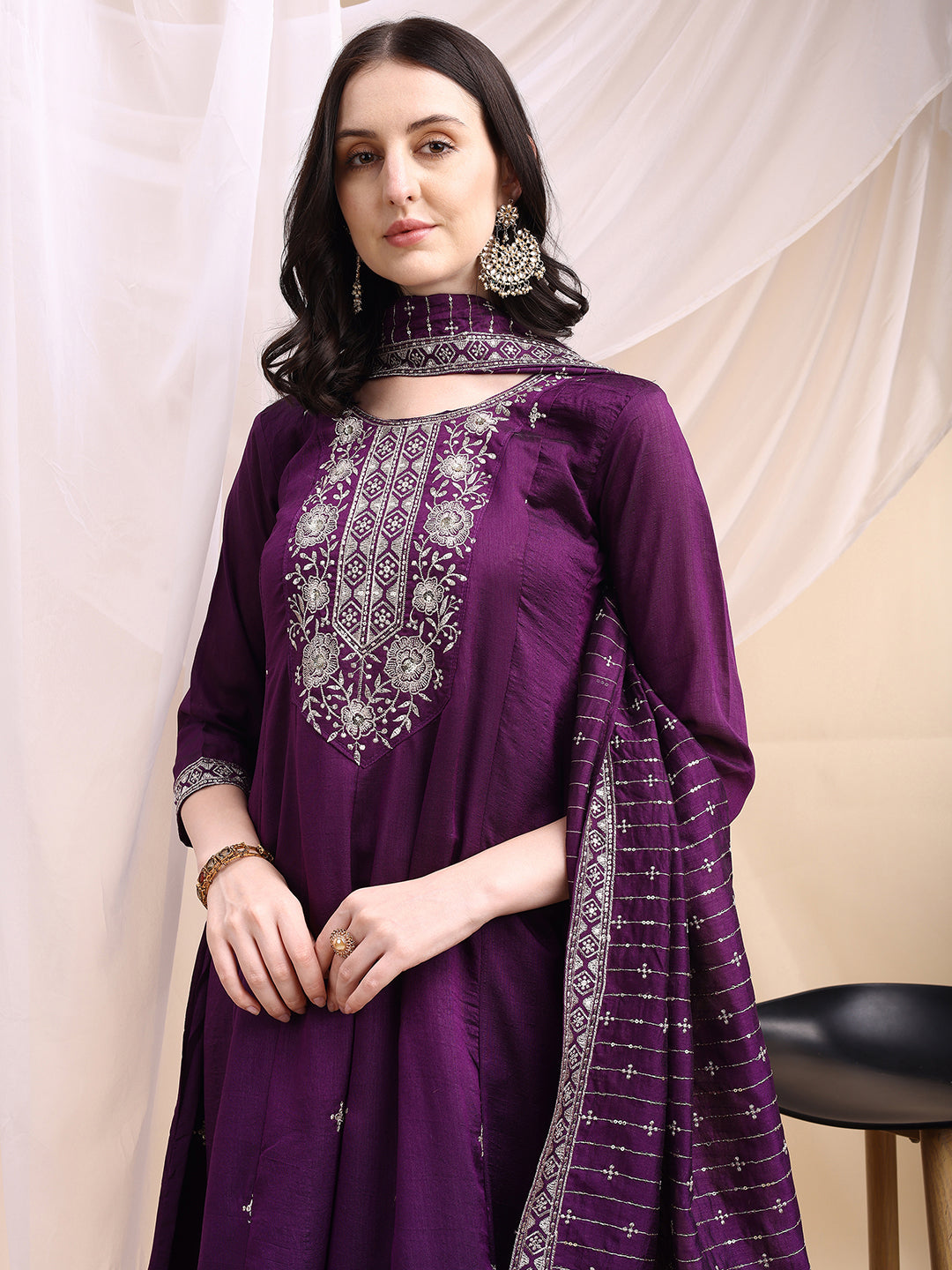 Embroidered Anarkali Kurta With Pant & Embroidered Dupatta, Purple - Hiral Fashion