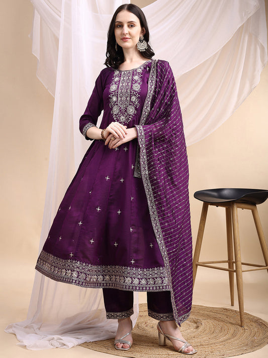 Embroidered Anarkali Kurta With Pant & Embroidered Dupatta, Purple - Hiral Fashion