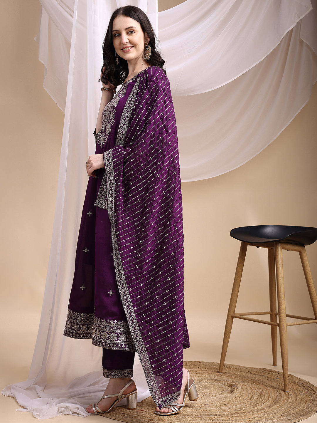 Embroidered Anarkali Kurta With Pant & Embroidered Dupatta, Purple - Hiral Fashion