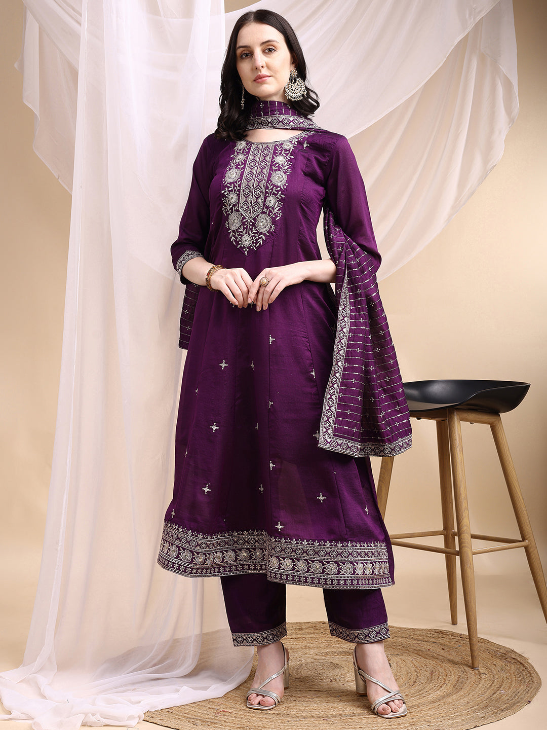 Embroidered Anarkali Kurta With Pant & Embroidered Dupatta, Purple - Hiral Fashion