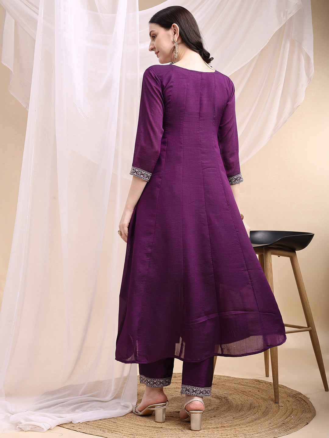 Embroidered Anarkali Kurta With Pant & Embroidered Dupatta, Purple - Hiral Fashion