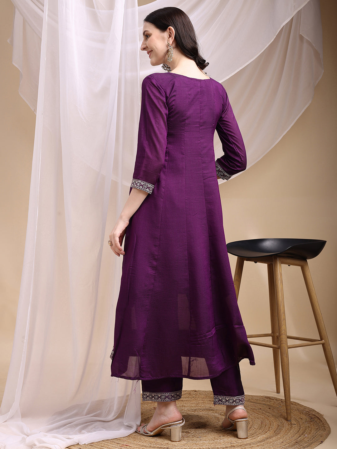 Embroidered Anarkali Kurta With Pant & Embroidered Dupatta, Purple - Hiral Fashion
