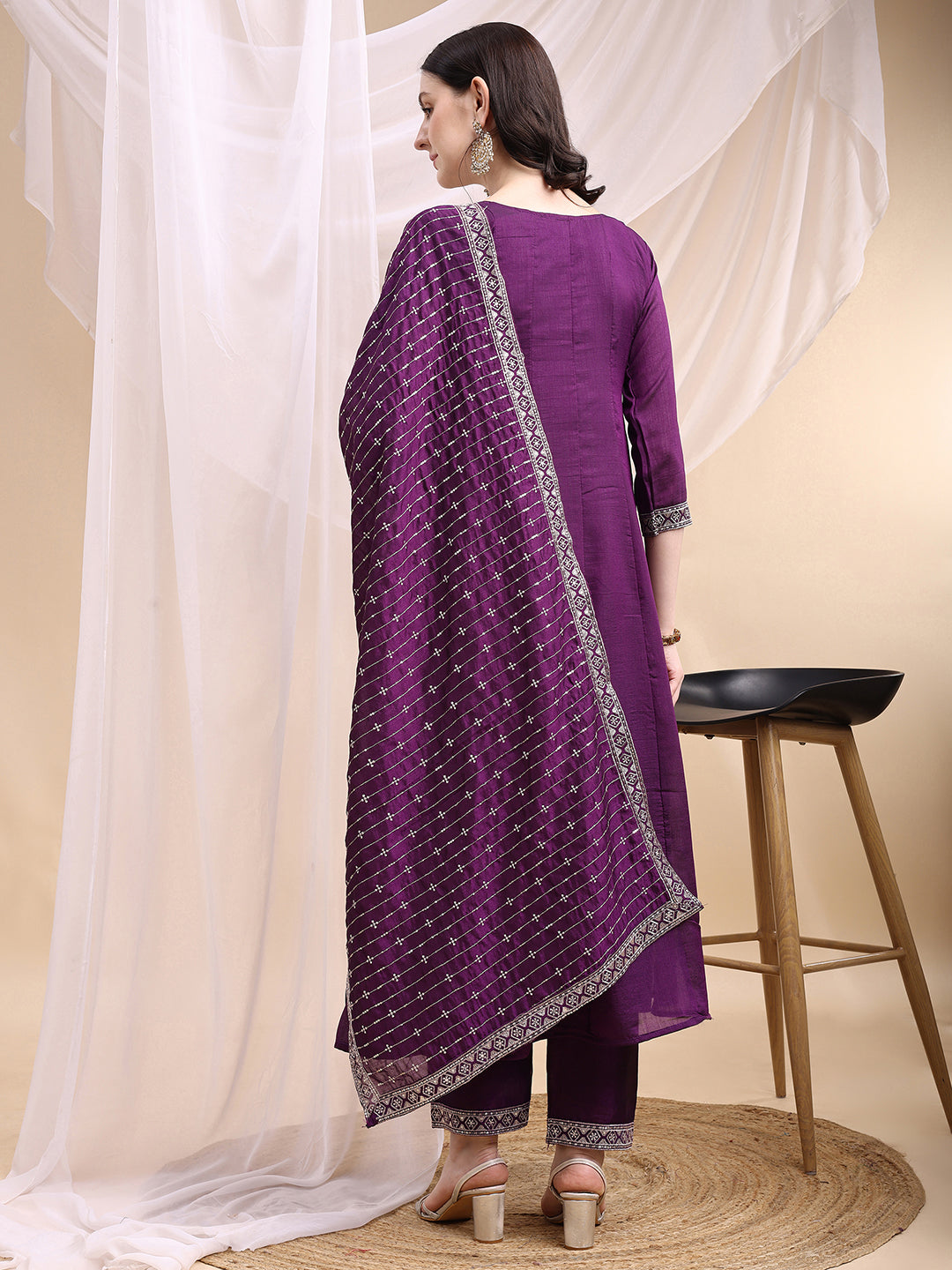 Embroidered Anarkali Kurta With Pant & Embroidered Dupatta, Purple - Hiral Fashion