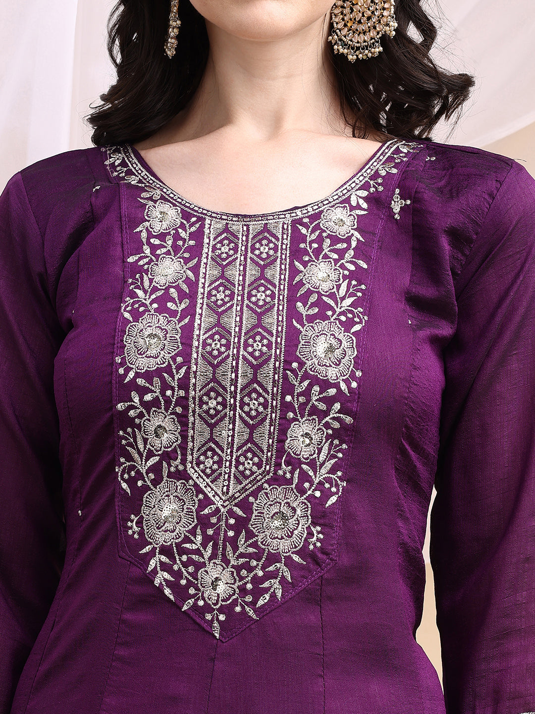 Embroidered Anarkali Kurta With Pant & Embroidered Dupatta, Purple - Hiral Fashion
