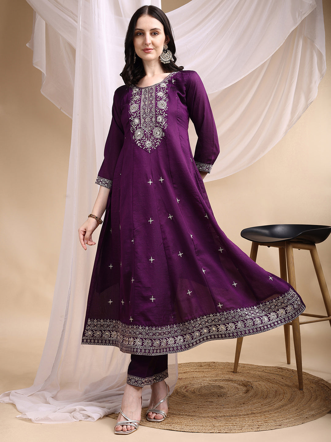 Embroidered Anarkali Kurta With Pant & Embroidered Dupatta, Purple - Hiral Fashion
