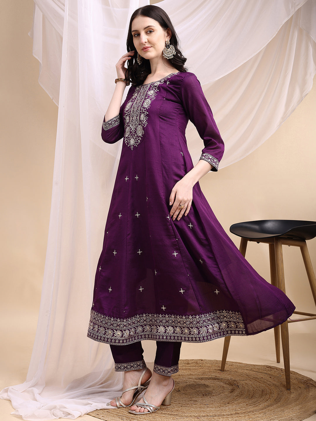 Embroidered Anarkali Kurta With Pant & Embroidered Dupatta, Purple - Hiral Fashion