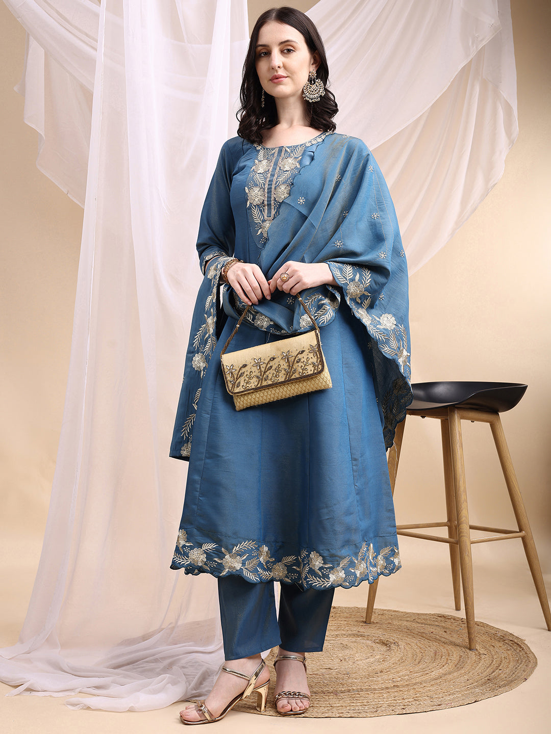 Hand Embroidered Anarkali Kurta With Pant & Embroidered Dupatta, Blue - Hiral Fashion