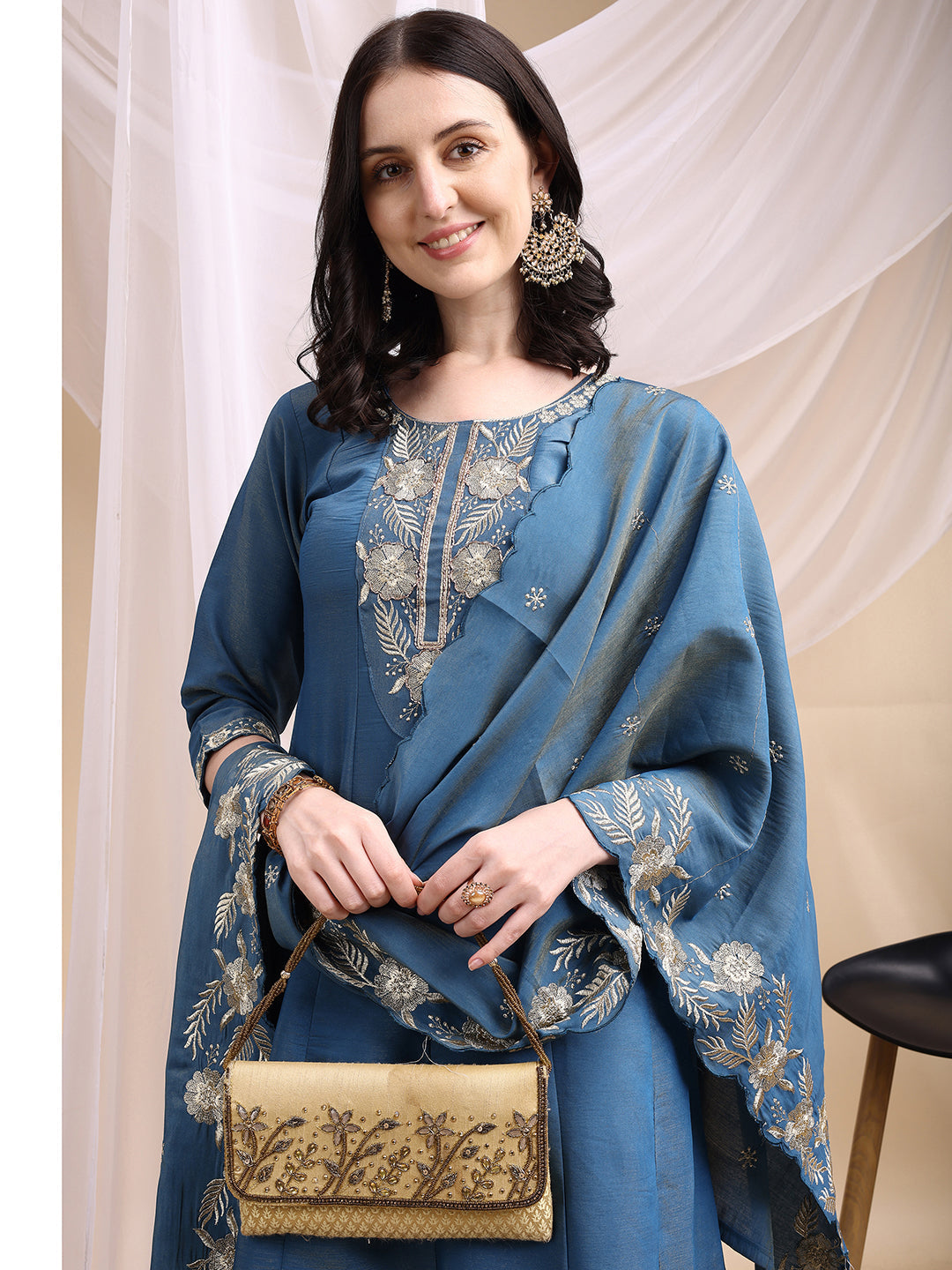 Hand Embroidered Anarkali Kurta With Pant & Embroidered Dupatta, Blue - Hiral Fashion