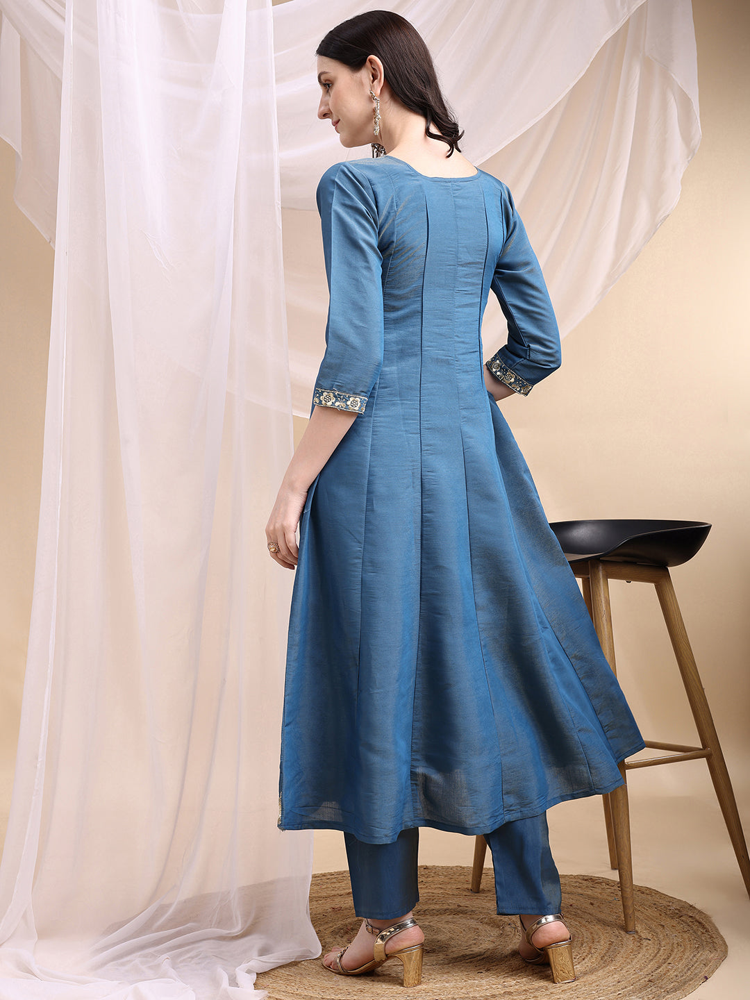 Hand Embroidered Anarkali Kurta With Pant & Embroidered Dupatta, Blue - Hiral Fashion