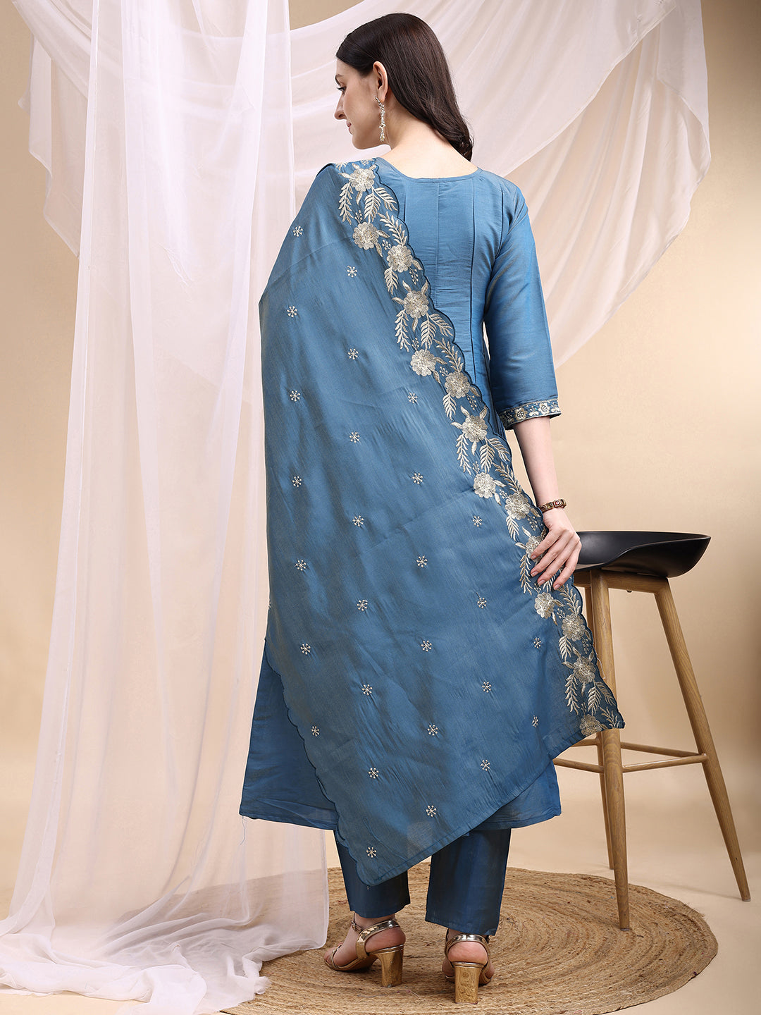 Hand Embroidered Anarkali Kurta With Pant & Embroidered Dupatta, Blue - Hiral Fashion