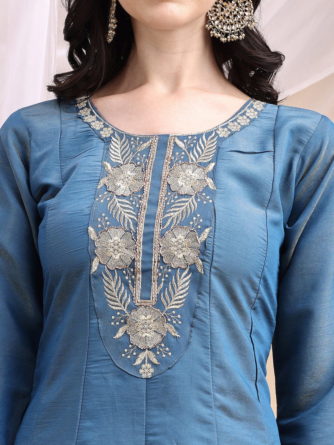 Hand Embroidered Anarkali Kurta With Pant & Embroidered Dupatta, Blue - Hiral Fashion