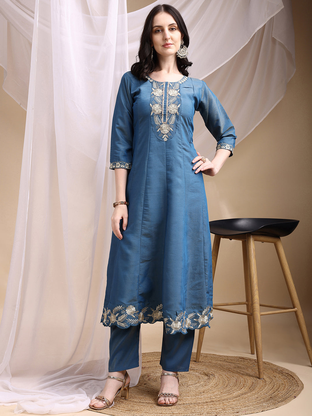 Hand Embroidered Anarkali Kurta With Pant & Embroidered Dupatta, Blue - Hiral Fashion