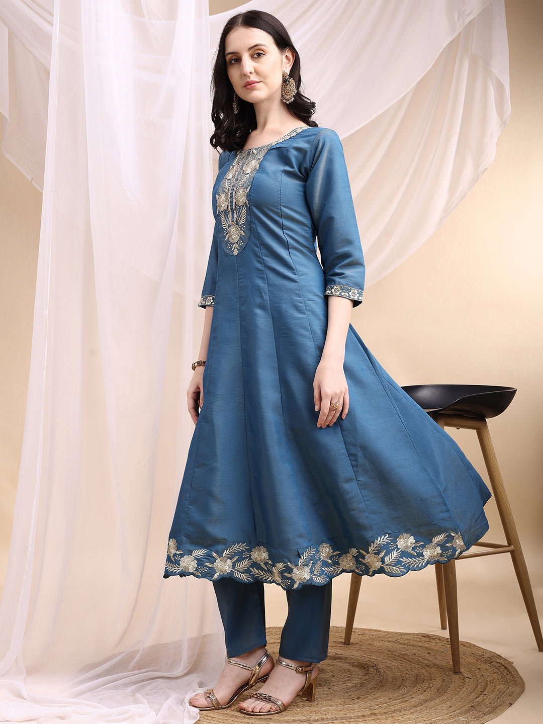 Hand Embroidered Anarkali Kurta With Pant & Embroidered Dupatta, Blue - Hiral Fashion