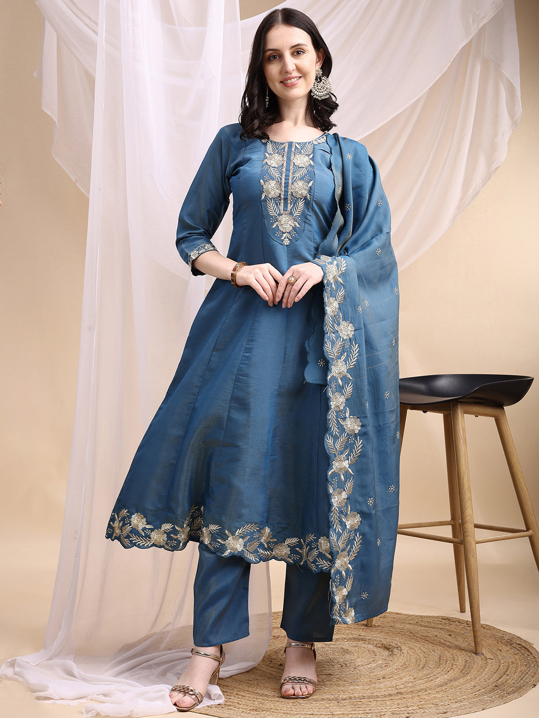 Hand Embroidered Anarkali Kurta With Pant & Embroidered Dupatta, Blue - Hiral Fashion