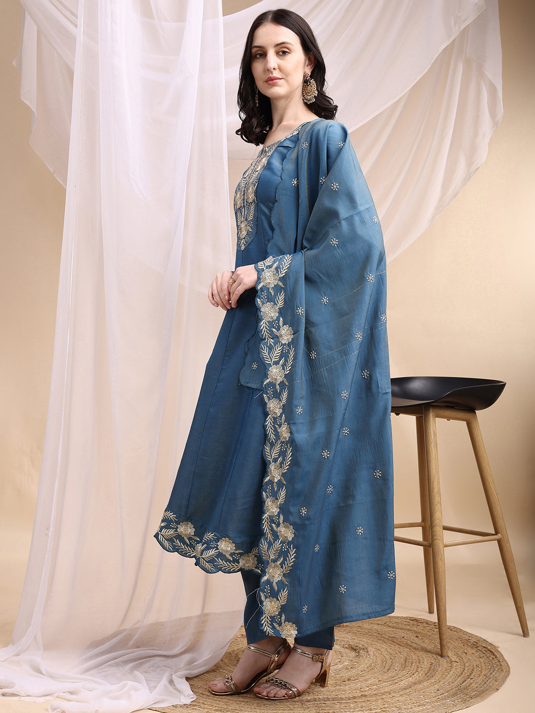 Hand Embroidered Anarkali Kurta With Pant & Embroidered Dupatta, Blue - Hiral Fashion