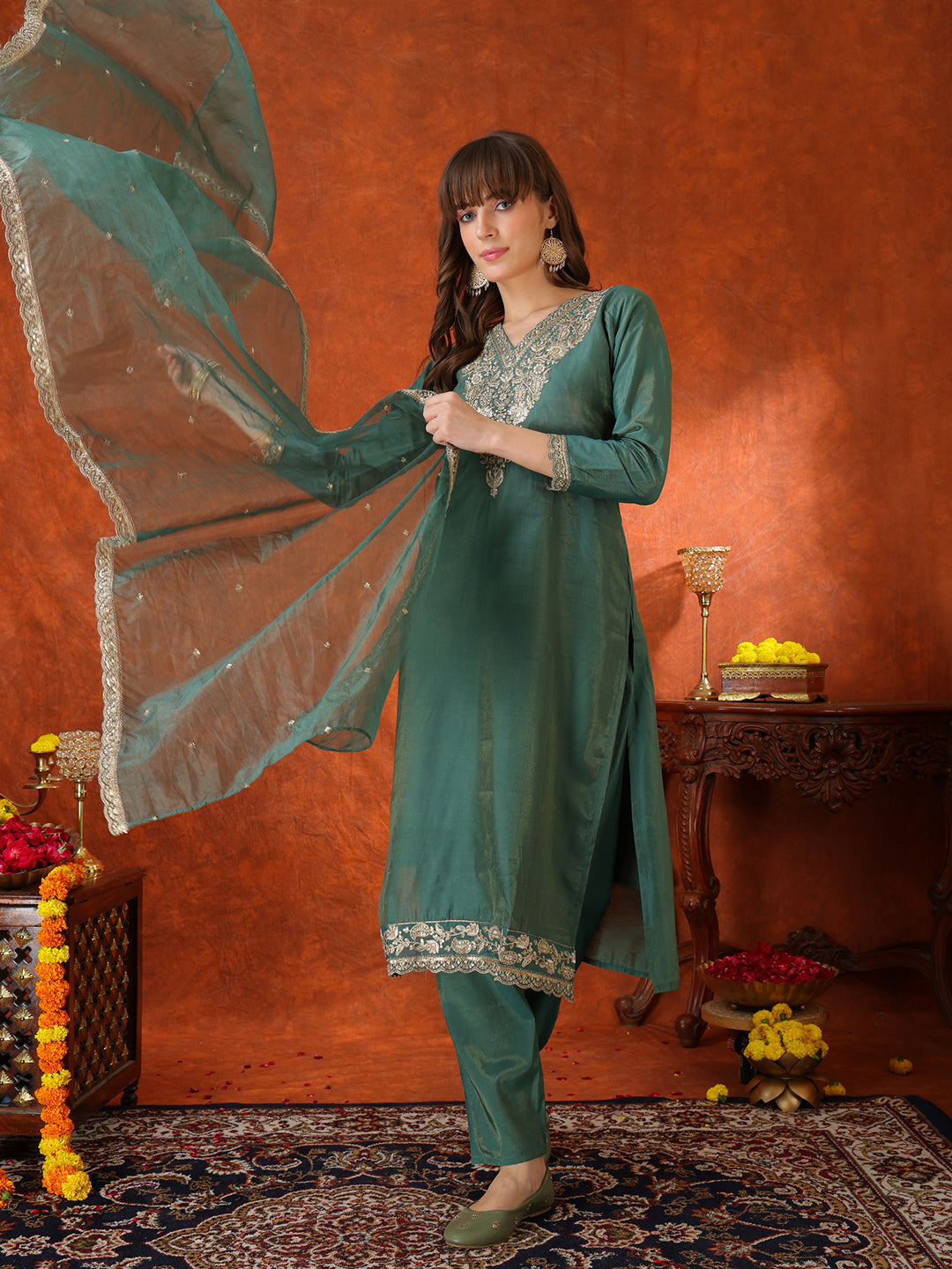 Sequin Embroidered Kurta With Pant & Embroidered Organza Dupatta, Green - Hiral Fashion