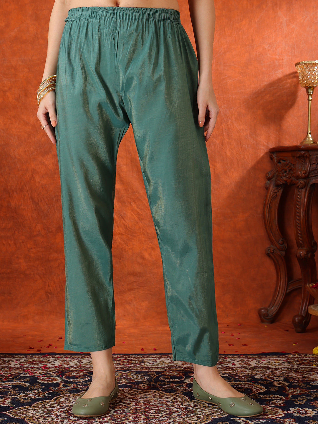 Sequin Embroidered Kurta With Pant & Embroidered Organza Dupatta, Green - Hiral Fashion