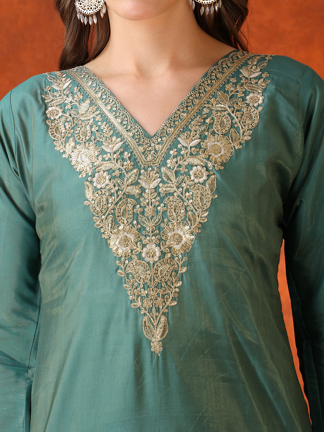 Sequin Embroidered Kurta With Pant & Embroidered Organza Dupatta, Green - Hiral Fashion