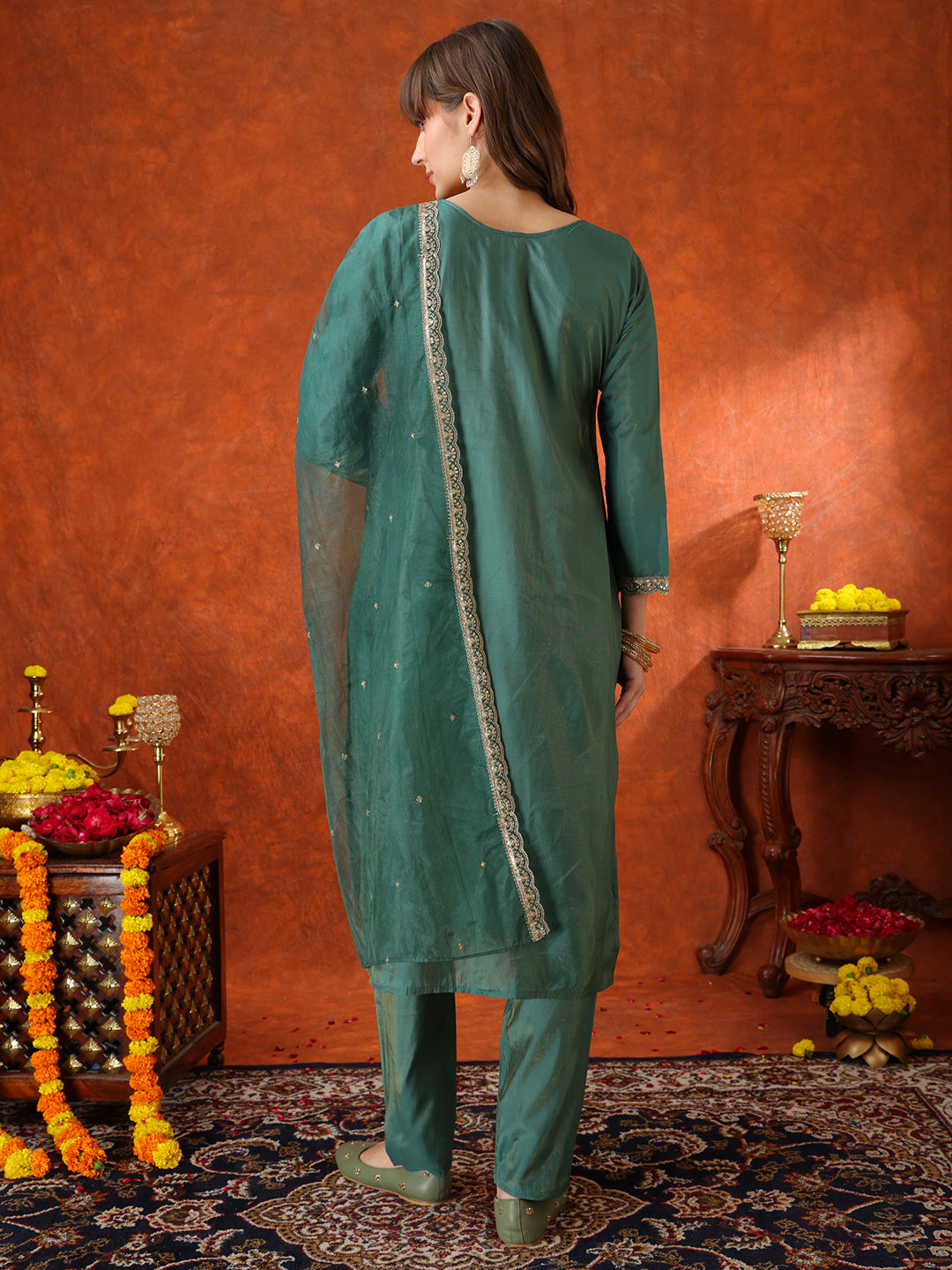 Sequin Embroidered Kurta With Pant & Embroidered Organza Dupatta, Green - Hiral Fashion