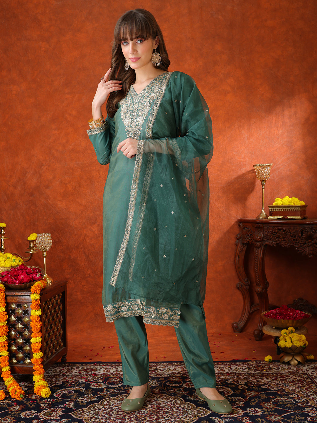 Sequin Embroidered Kurta With Pant & Embroidered Organza Dupatta, Green - Hiral Fashion