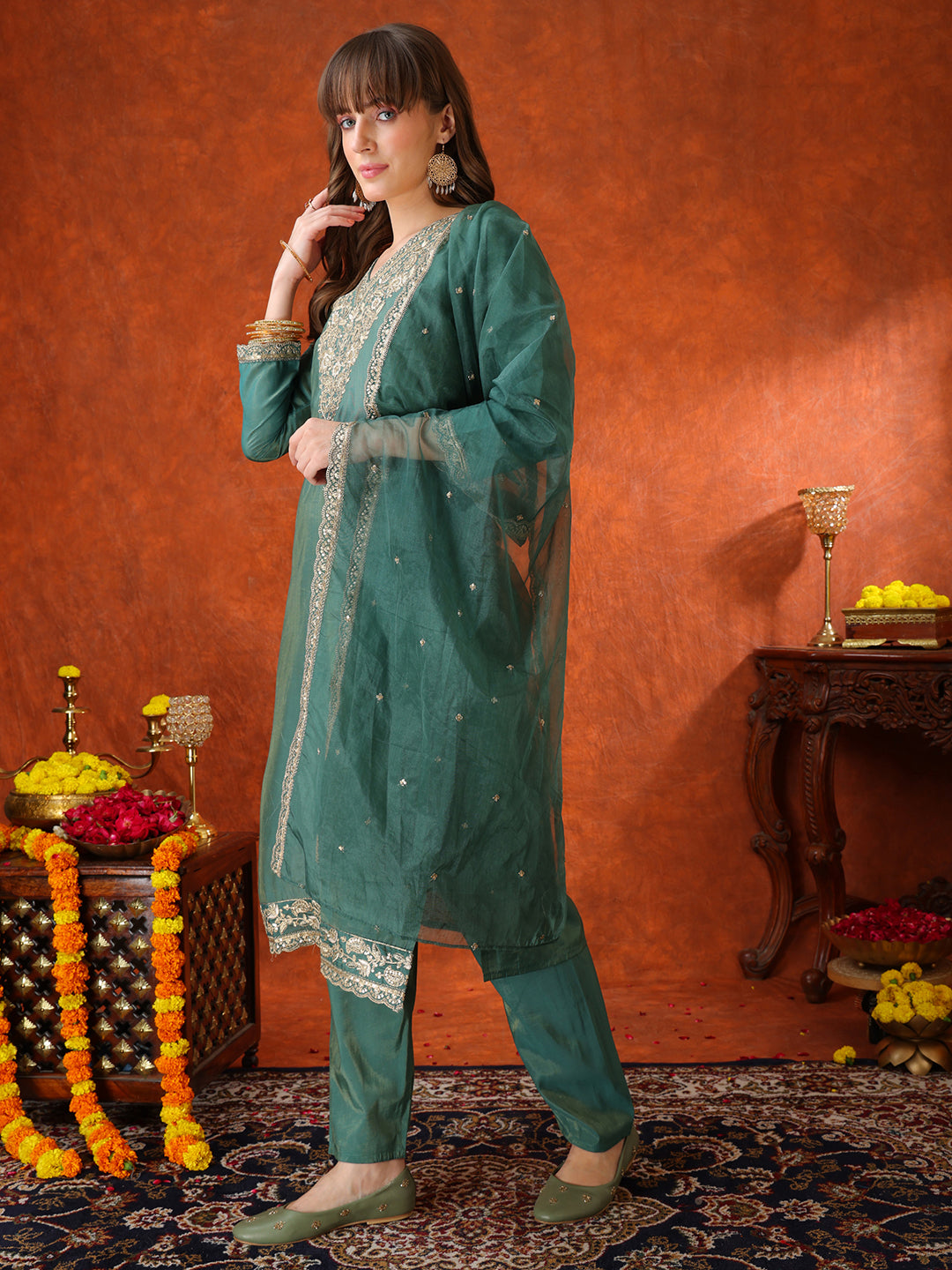 Sequin Embroidered Kurta With Pant & Embroidered Organza Dupatta, Green - Hiral Fashion