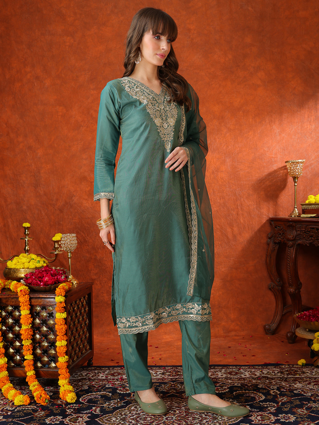 Sequin Embroidered Kurta With Pant & Embroidered Organza Dupatta, Green - Hiral Fashion