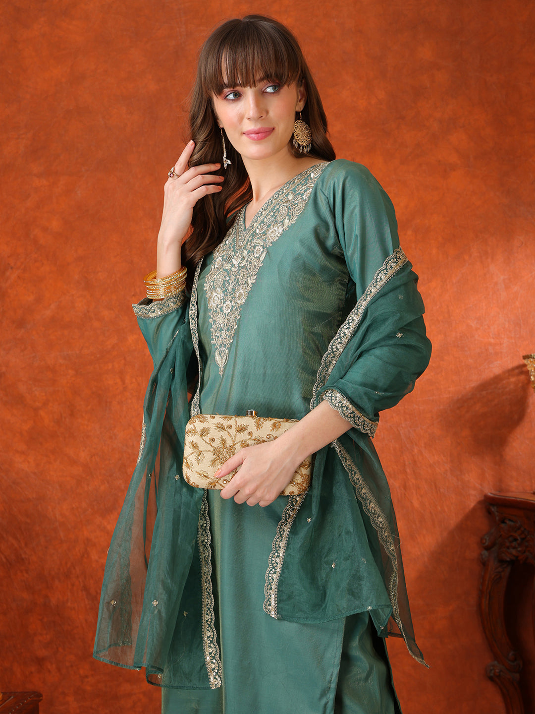 Sequin Embroidered Kurta With Pant & Embroidered Organza Dupatta, Green - Hiral Fashion
