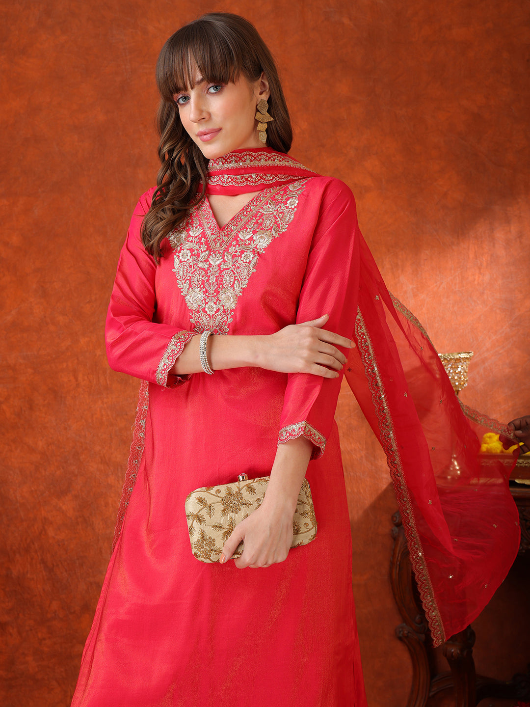 Sequin Embroidered Kurta With Pant & Embroidered Organza Dupatta, Pink - Hiral Fashion