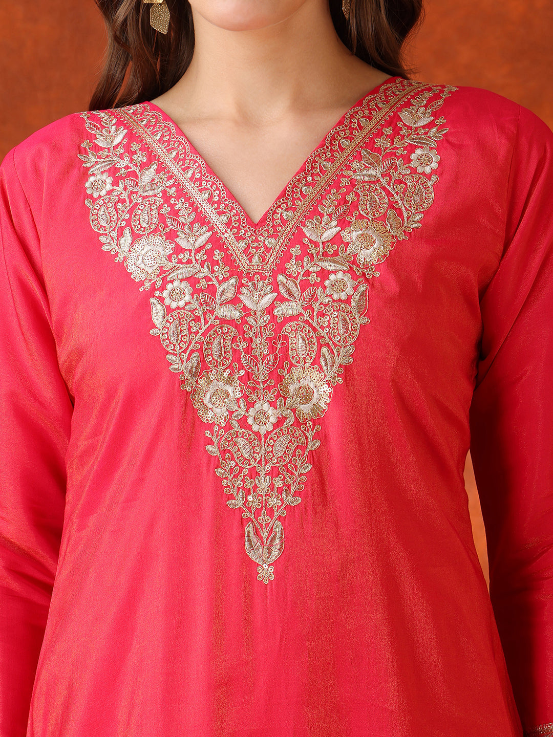 Sequin Embroidered Kurta With Pant & Embroidered Organza Dupatta, Pink - Hiral Fashion