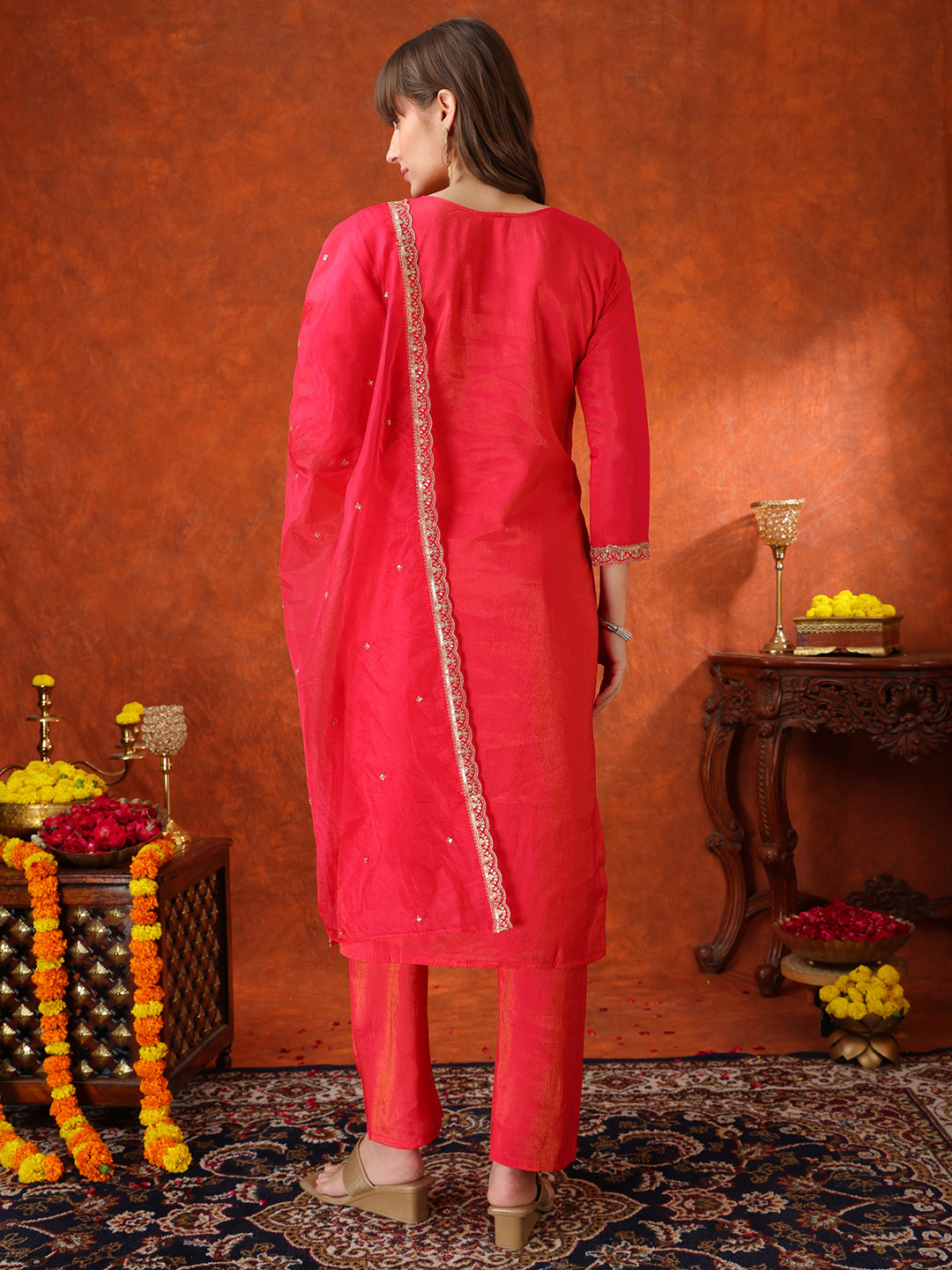 Sequin Embroidered Kurta With Pant & Embroidered Organza Dupatta, Pink - Hiral Fashion