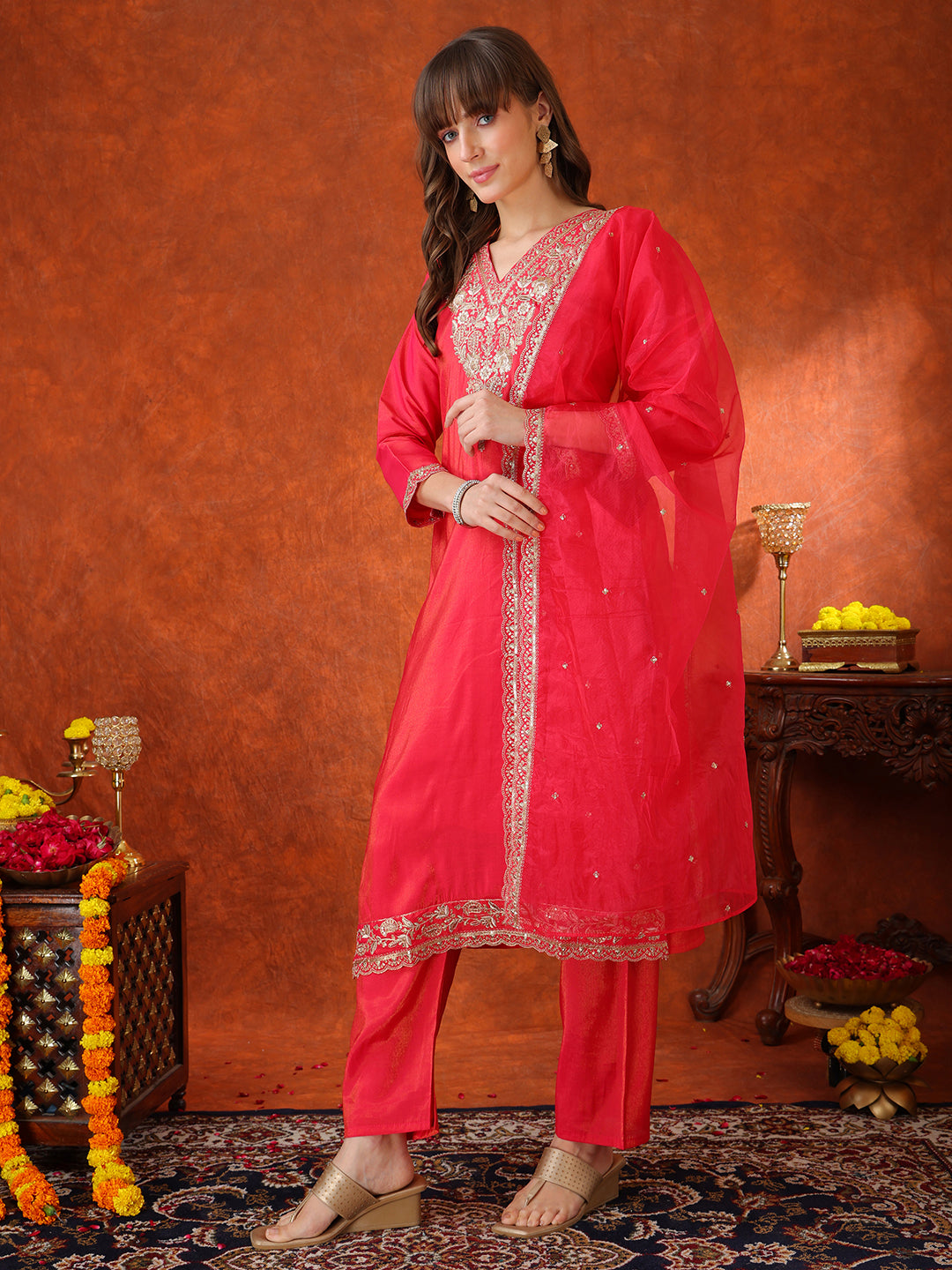 Sequin Embroidered Kurta With Pant & Embroidered Organza Dupatta, Pink - Hiral Fashion