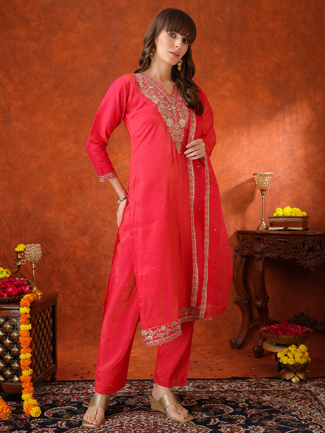 Sequin Embroidered Kurta With Pant & Embroidered Organza Dupatta, Pink - Hiral Fashion