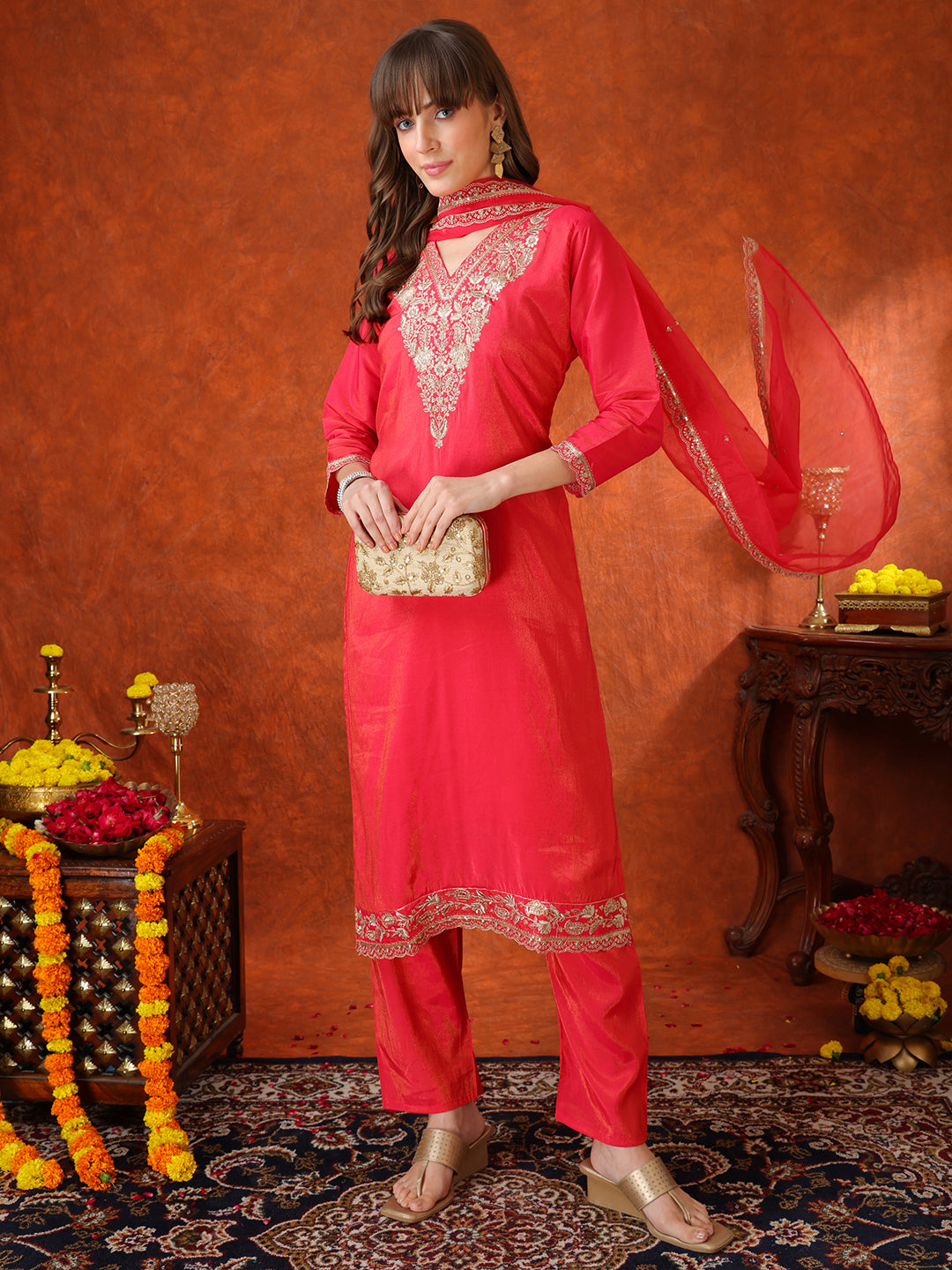 Sequin Embroidered Kurta With Pant & Embroidered Organza Dupatta, Pink - Hiral Fashion