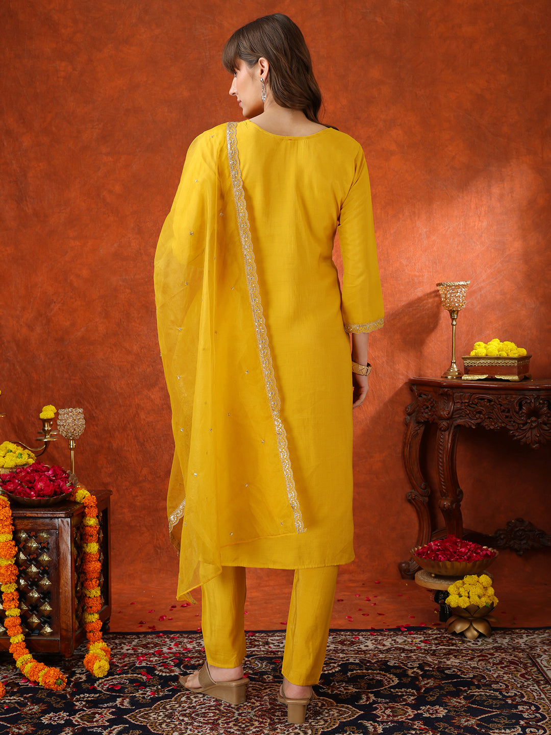 Sequin Embroidered Kurta With Pant & Embroidered Organza Dupatta, Yellow - Hiral Fashion