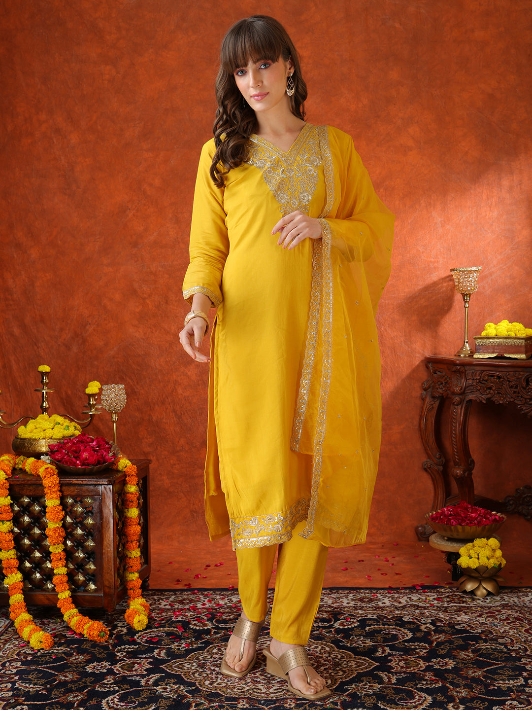 Sequin Embroidered Kurta With Pant & Embroidered Organza Dupatta, Yellow - Hiral Fashion