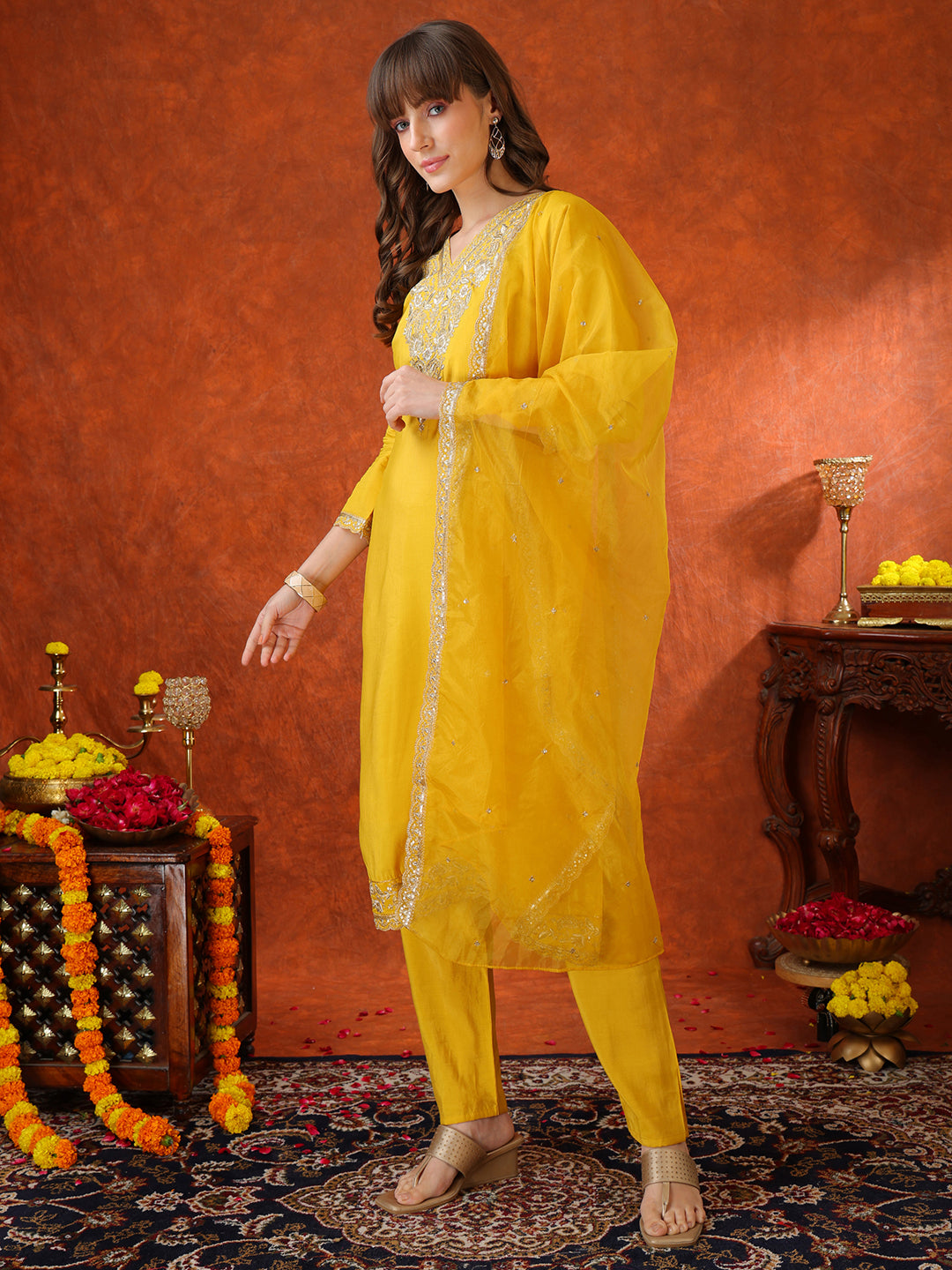 Sequin Embroidered Kurta With Pant & Embroidered Organza Dupatta, Yellow - Hiral Fashion