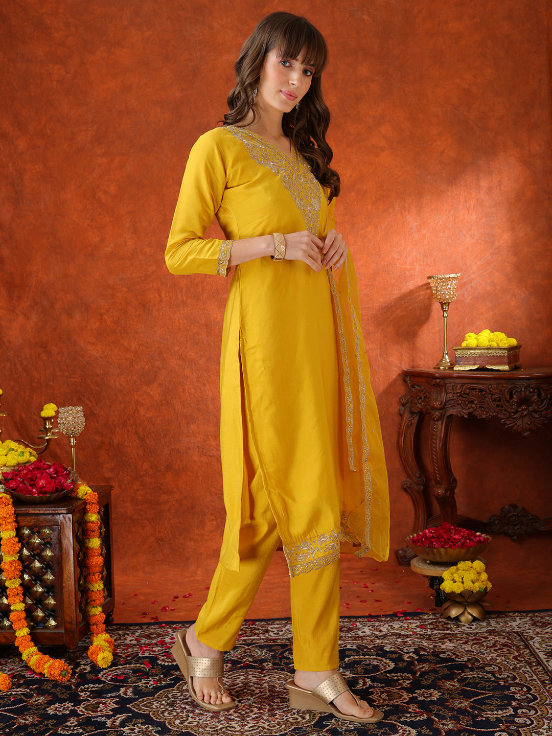 Sequin Embroidered Kurta With Pant & Embroidered Organza Dupatta, Yellow - Hiral Fashion